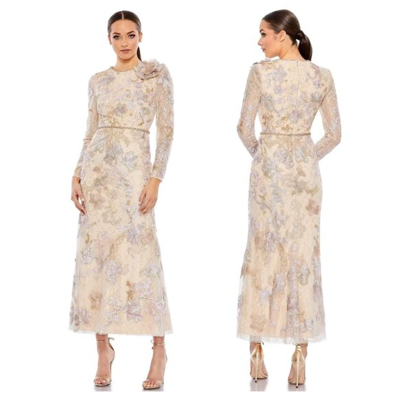 Mac Duggal Long Sleeve Embellished High Neck Midi Dress